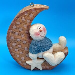 Vintage Snowman Sitting Crescent Moon Christmas Ornament Faux Wood Carved Rustic
